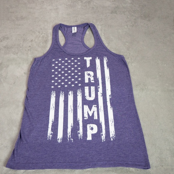 Women’s Medium Purple Trump American Flag Racerback Tank Top Patriotic USA Shirt - Picture 4 of 11